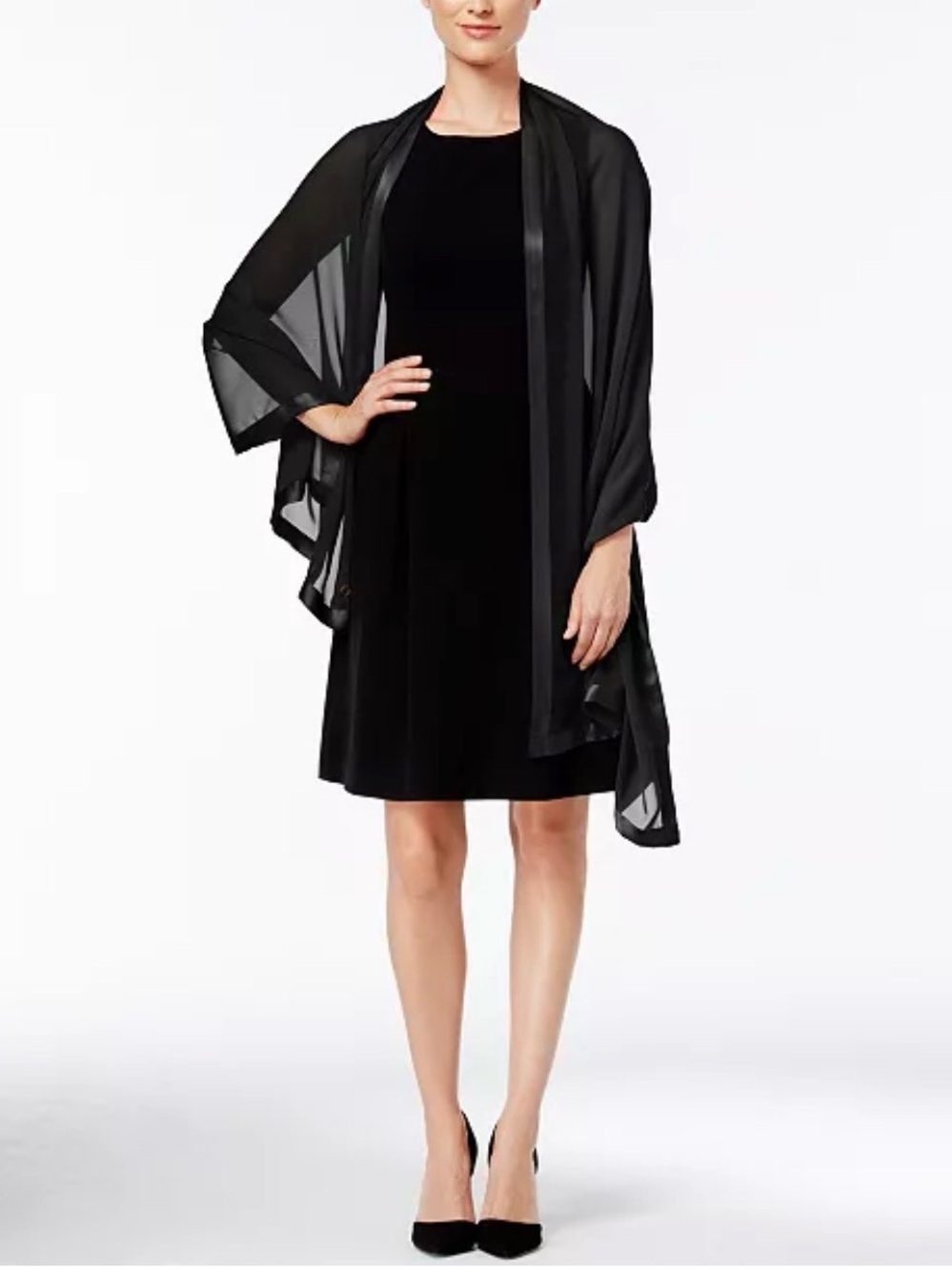 Calvin Klein Elegant Satin-Trim Chiffon Evening Wrap Black New